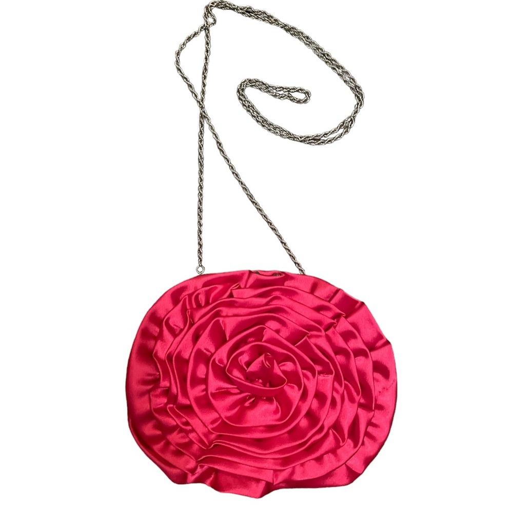Hot Pink Satin Evening Bag w/ Detachable Silver Chain Shoulder Strap (24” Drop) - Picture 2 of 11